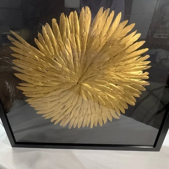 Signed Gold Feather Burst 24x24 Shadow Box Wall Art 1991 Feather Collection